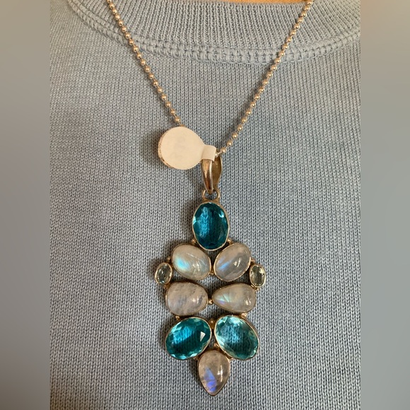 NWT HUGE Gemstone Pendant Rainbow Moonstone Blue Quartz Blue Topaz STERLING - Picture 5 of 9